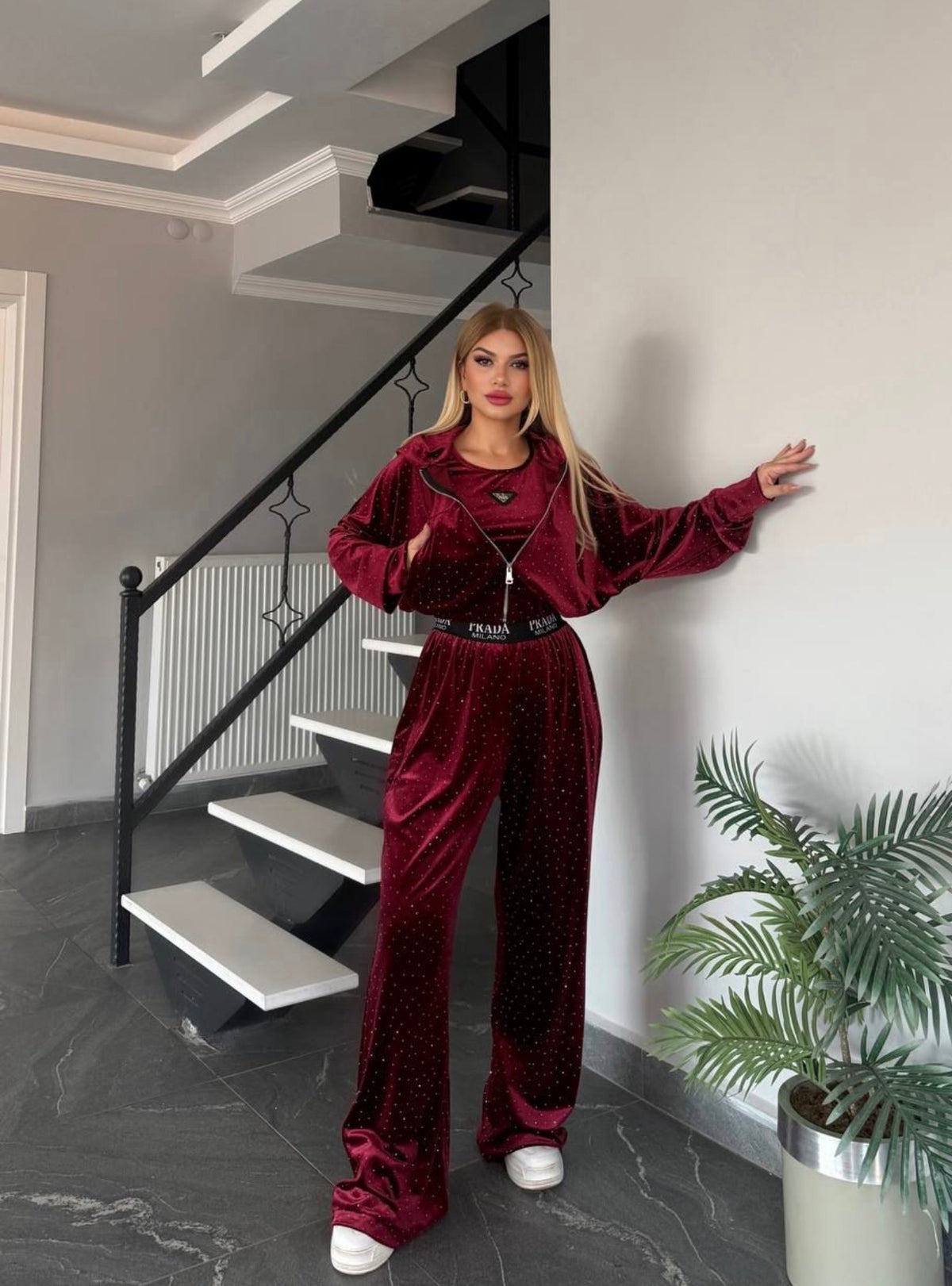 Velvet Burgundy Rhinestone Tracksuit Set