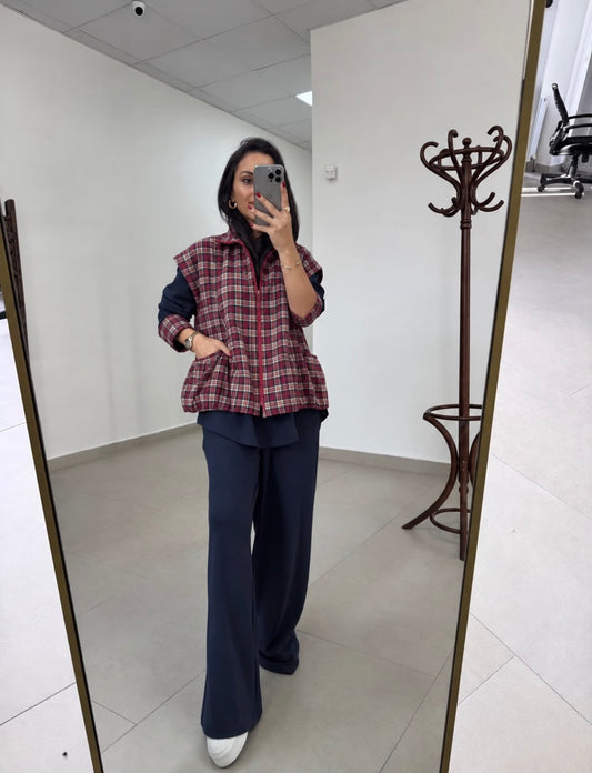 Navy & Burgundy Plaid Layered 3-Piece Set
