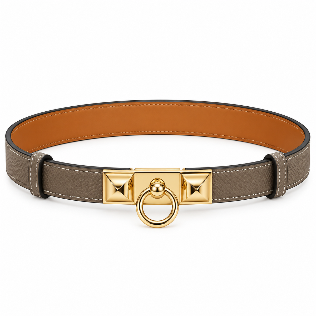 Taupe Textured Leather Belt with Gold-Tone Ring Buckle – Elegant Design