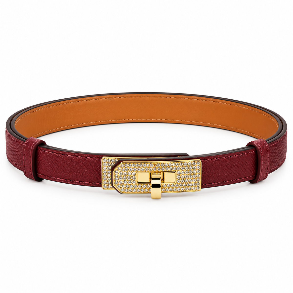 Elegant Leather Belt with Gold-Tone Crystal-Embellished Buckle