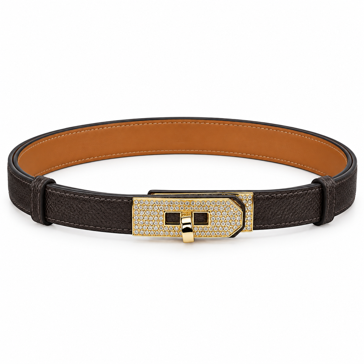Elegant Leather Belt with Gold-Tone Crystal-Embellished Buckle