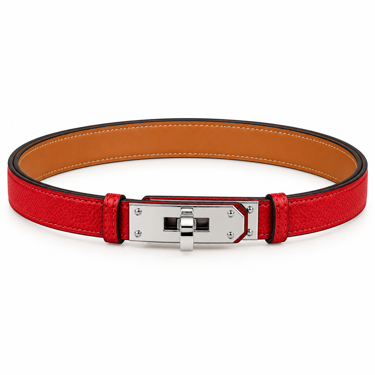Elegant Leather Belt with Gold-Tone Crystal-Embellished Buckle