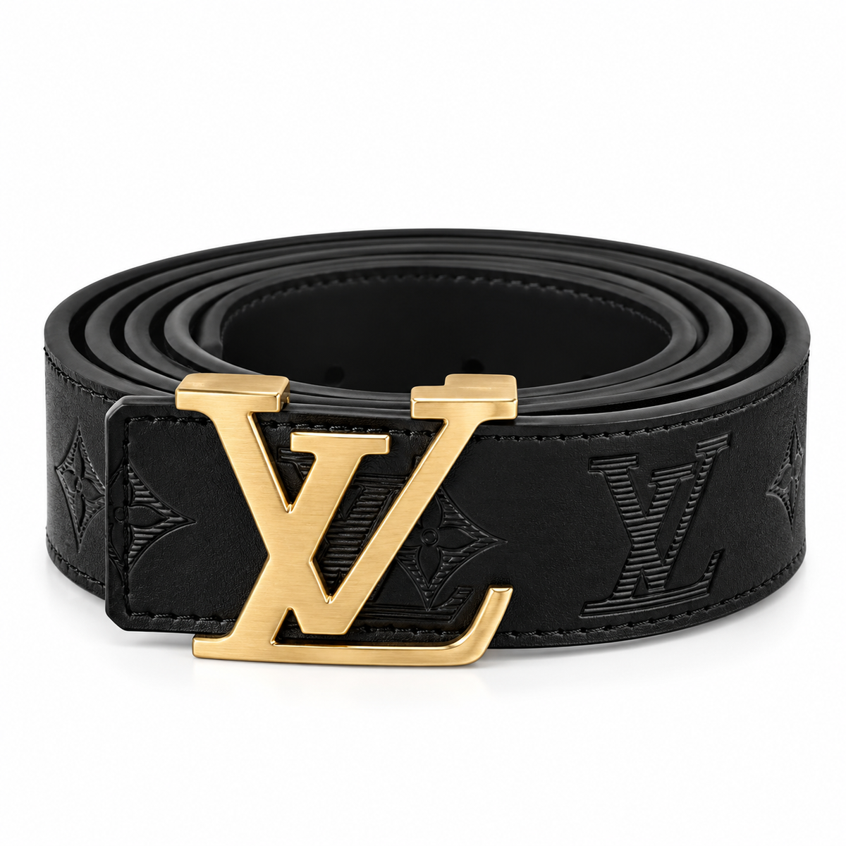 Black Embossed Leather Belt with Gold-Tone LV Buckle – Luxury Style