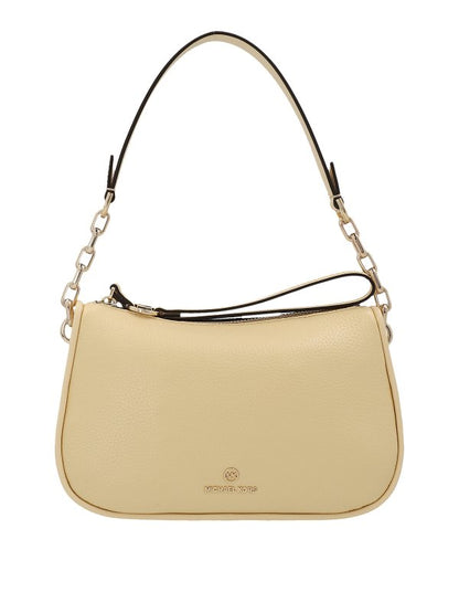 Leather shoulder bag featuring zip closure, leather details and puller, leather and chain handle and front metal logo application.