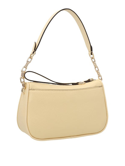 Leather shoulder bag featuring zip closure, leather details and puller, leather and chain handle and front metal logo application.