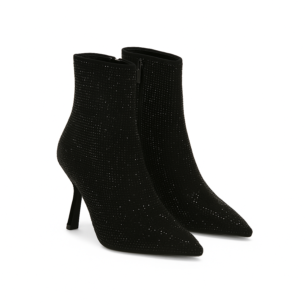 Black Rhinestone High-Heel Ankle Boots