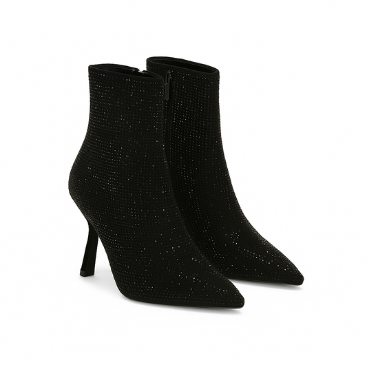 Black Rhinestone High-Heel Ankle Boots