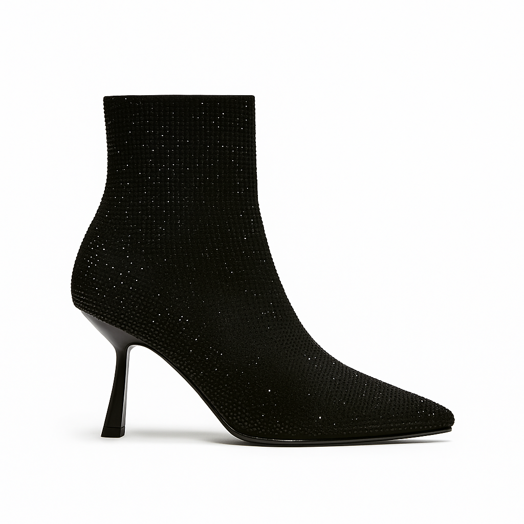 Black Rhinestone High-Heel Ankle Boots