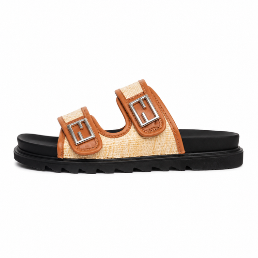 Elegant Raffia Double-Buckle Slide Sandals