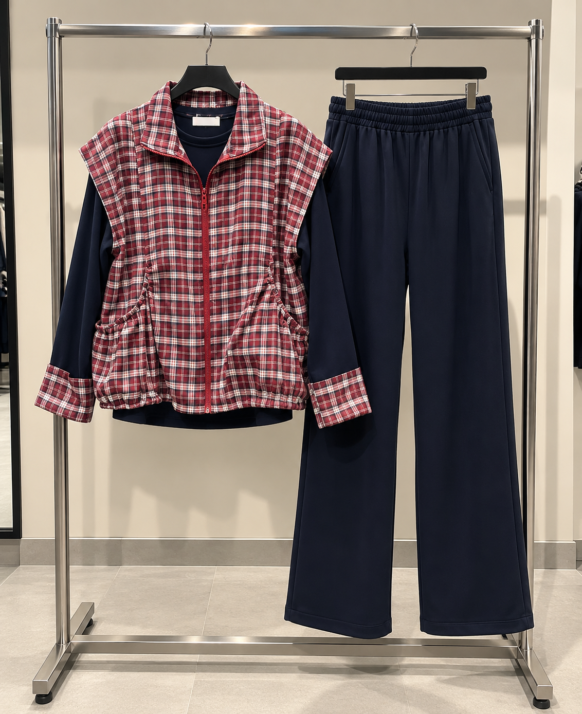 Navy & Burgundy Plaid Layered 3-Piece Set