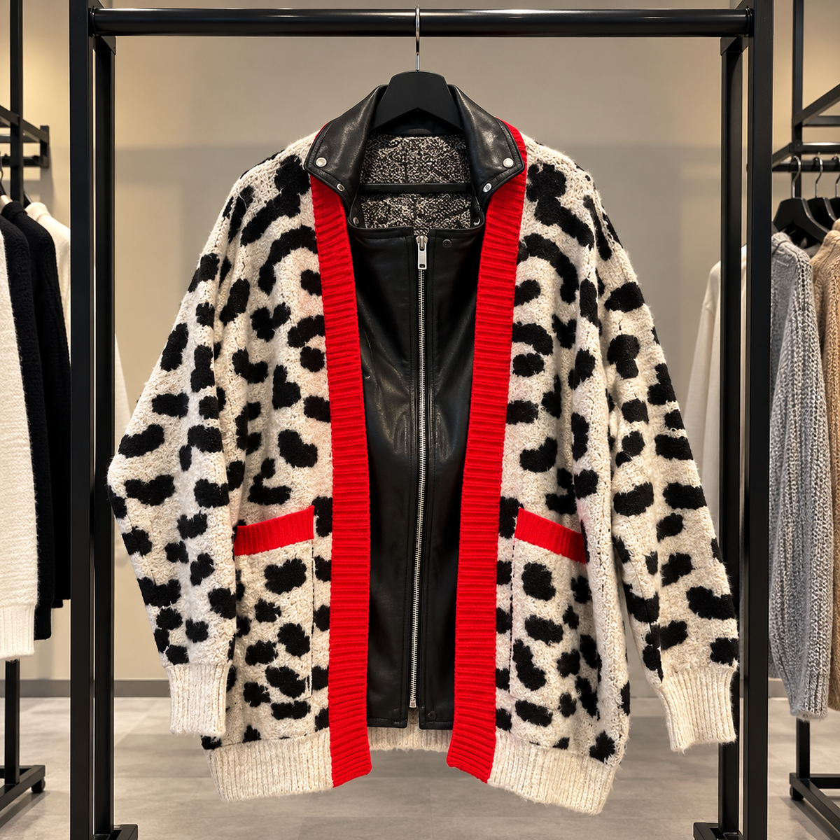 Leopard Print Faux-Fur Jacket with Leather Detail