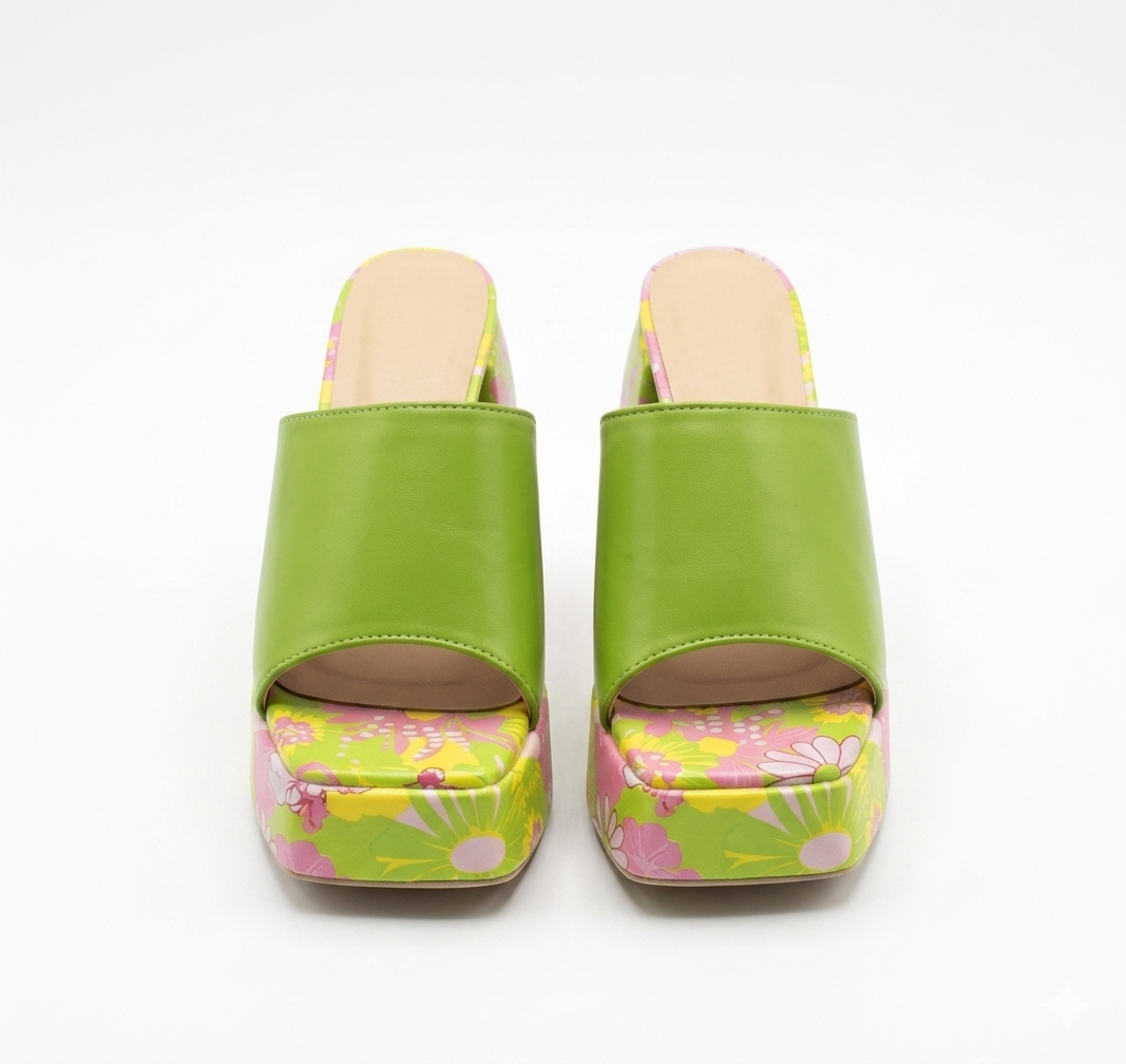 GREEN  Faux Leather Platform Chunky Heel Mules