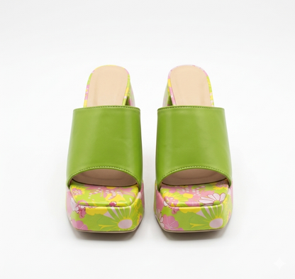 GREEN  Faux Leather Platform Chunky Heel Mules
