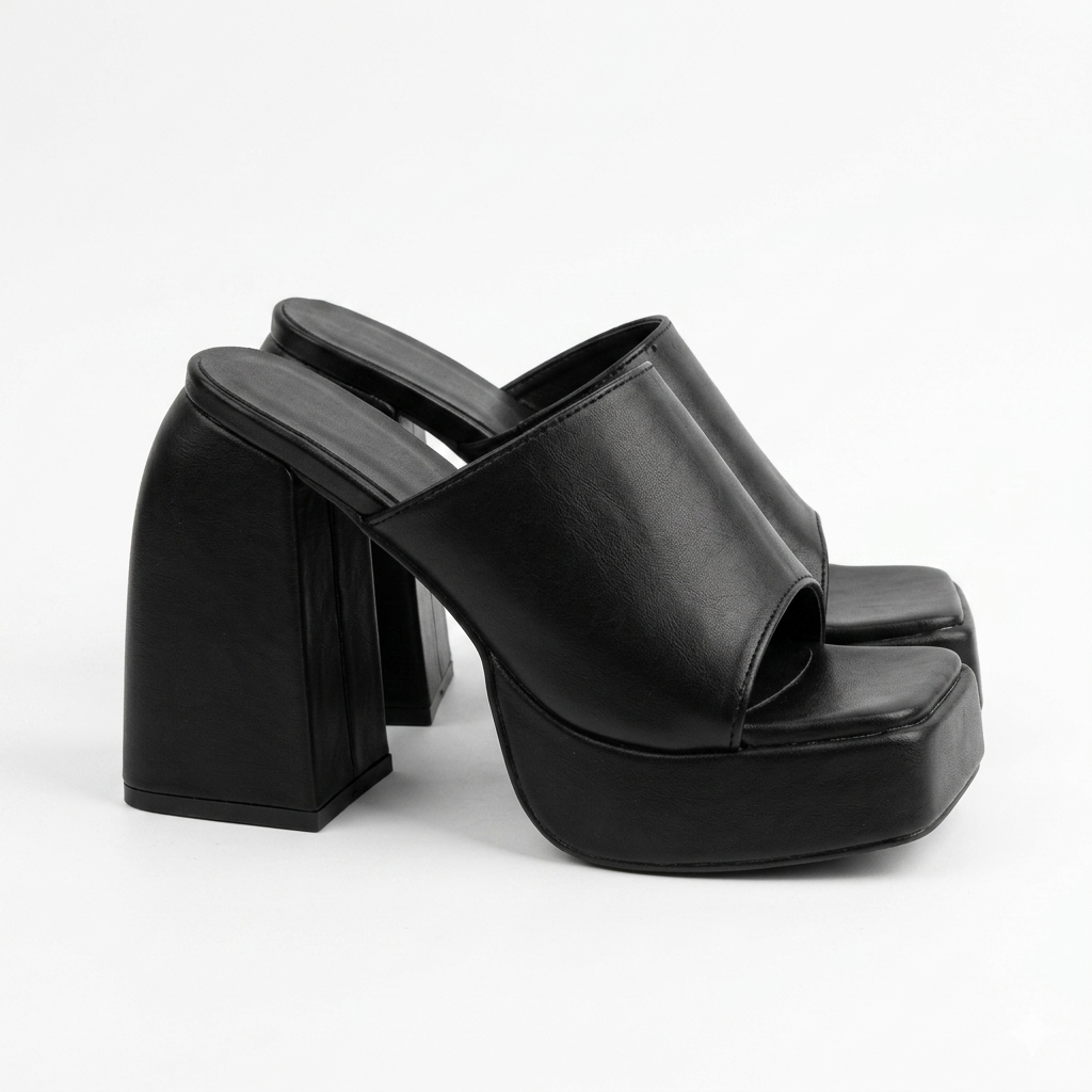 Black Faux Leather Platform Chunky Heel Mules