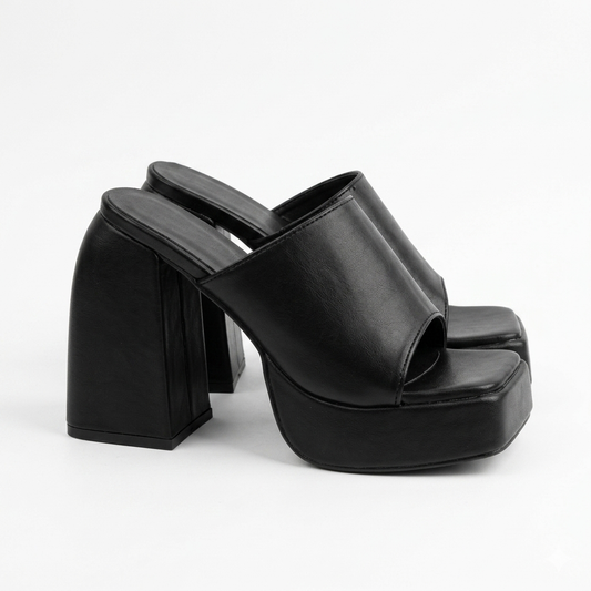 Black Faux Leather Platform Chunky Heel Mules