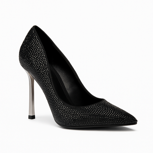 Black Crystal-Embellished Pointed-Toe Stiletto Heel