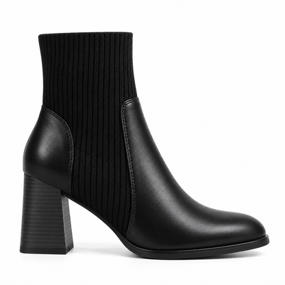 Black Ribbed Knit Ankle Boots with Block Heel