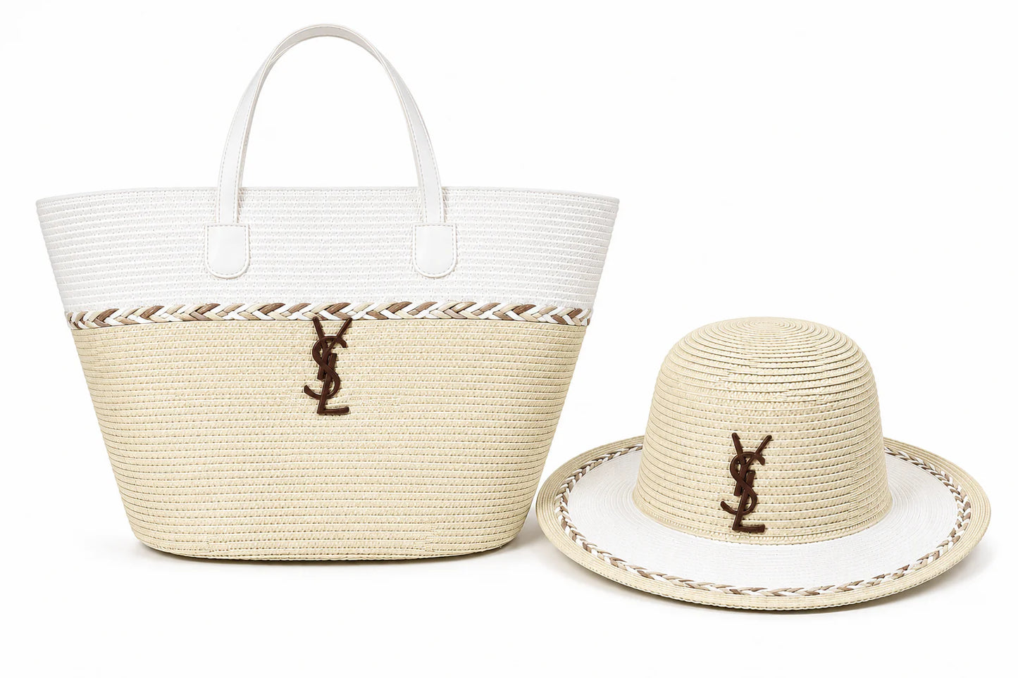 Saint Laurent woven tote bags and matching hats