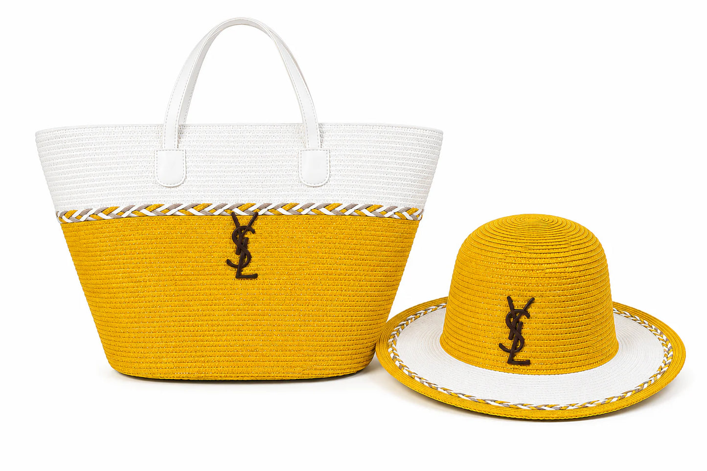 Saint Laurent woven tote bags and matching hats