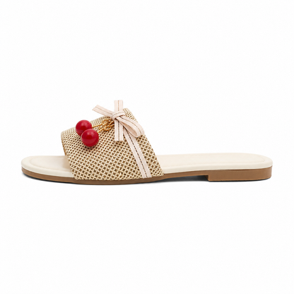 Women’s White Cherry Bow Flat Slide Sandals