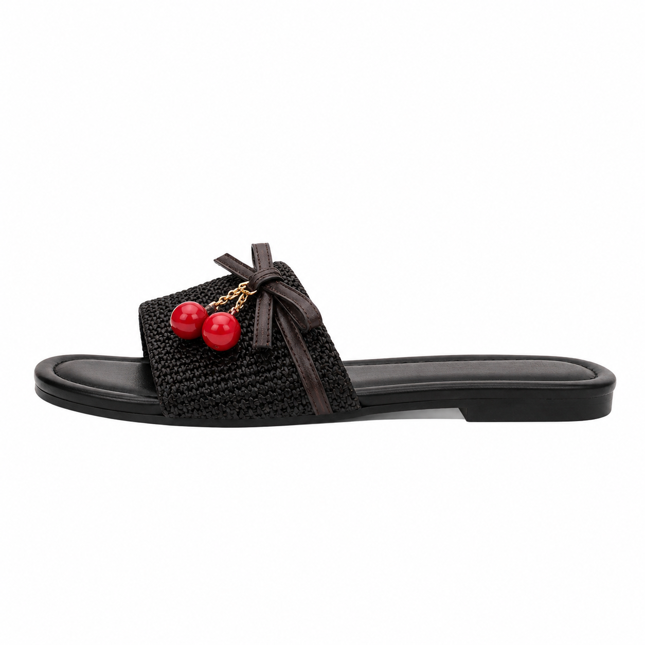 Women’s White Cherry Bow Flat Slide Sandals