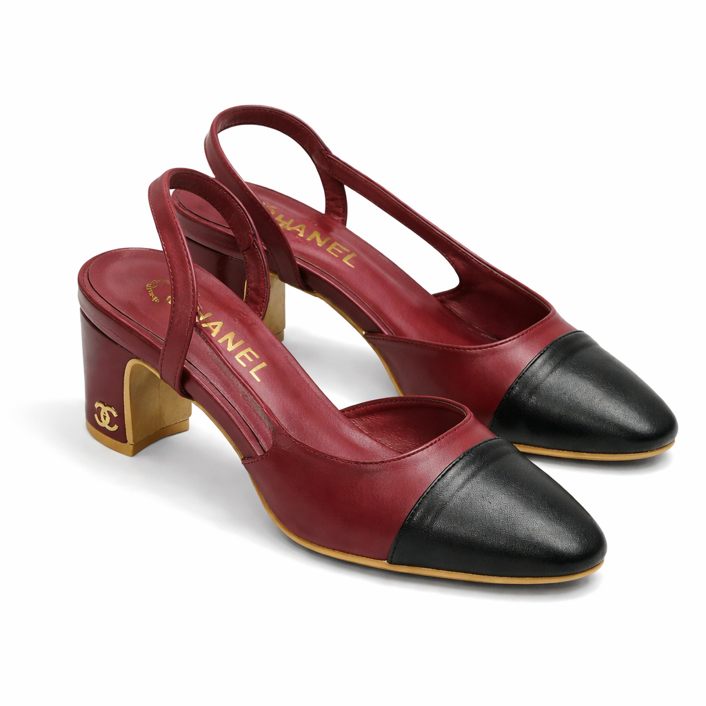 hanel Slingback Block Heels – Burgundy & Black