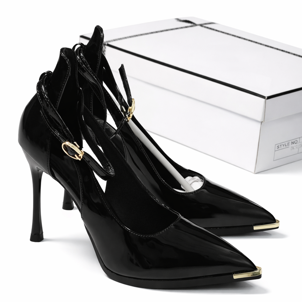 Black Patent Ankle-Strap Stiletto Heels