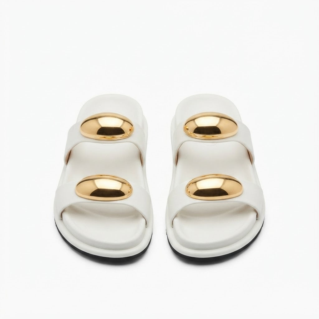 Women’s White Double-Strap Slide Sandals with Gold Oval Accents