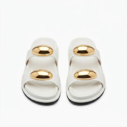 Women’s White Double-Strap Slide Sandals with Gold Oval Accents