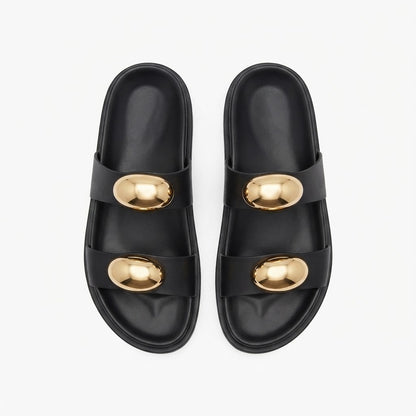 Women’s black Double-Strap Slide Sandals with Gold Oval Accents
