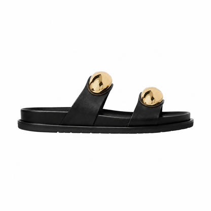 Women’s black Double-Strap Slide Sandals with Gold Oval Accents