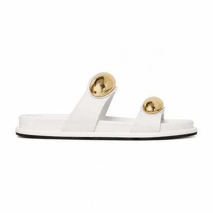 Women’s White Double-Strap Slide Sandals with Gold Oval Accents