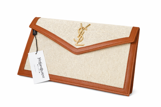 Elegant Beige & Tan Envelope Clutch with Gold Monogram