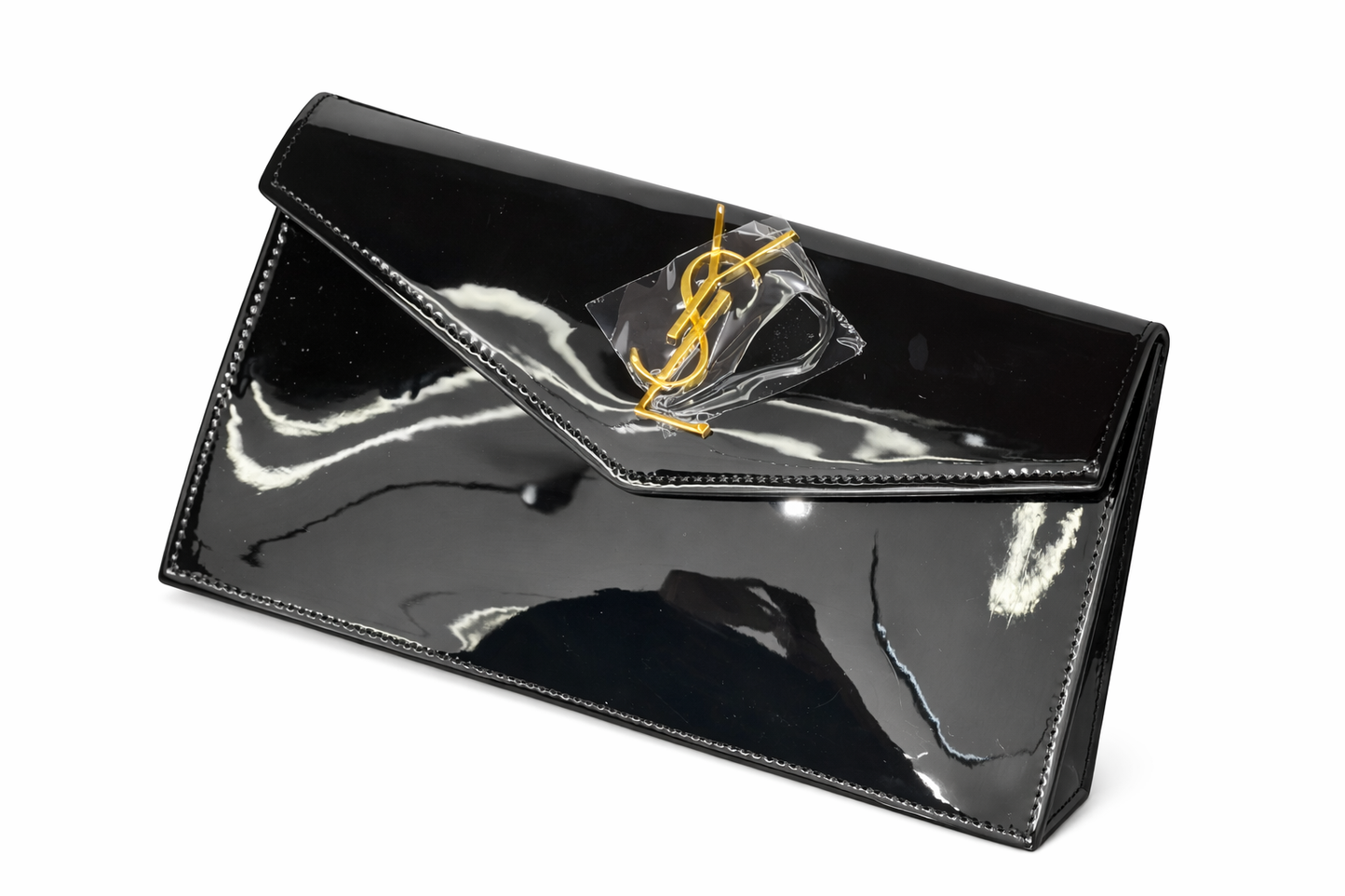 Elegant Beige & Tan Envelope Clutch with Gold Monogram