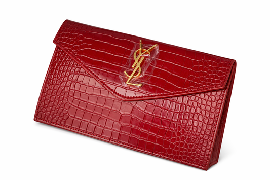 Elegant Beige & Tan Envelope Clutch with Gold Monogram