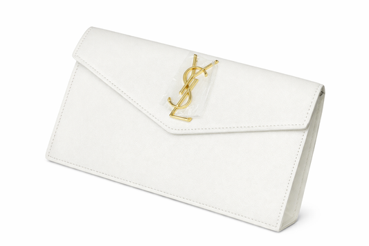 Elegant Beige & Tan Envelope Clutch with Gold Monogram