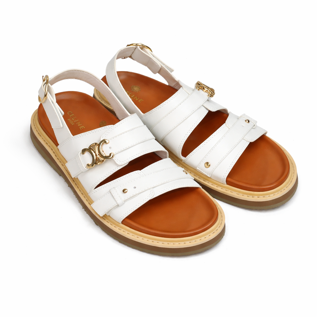 Luxury white Summer Sandals – Gold Buckle Design