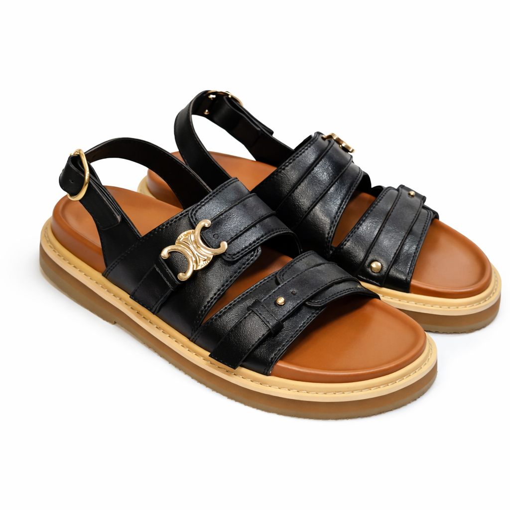 Luxury Black Summer Sandals – Gold Buckle Design