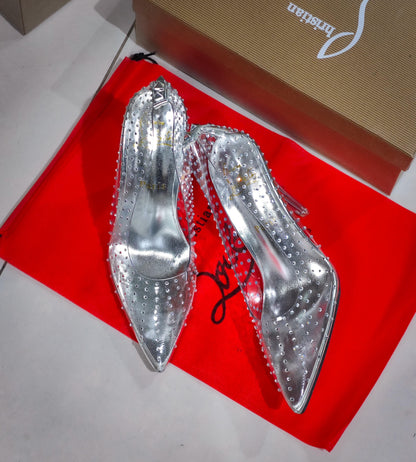 VALENTINO GARAVANI ROCK STUD EMBELLISHED PUMPS CLEAR SILVER