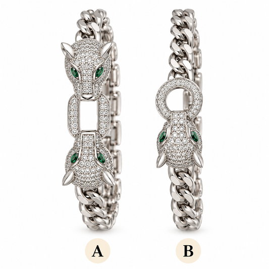 Luxury Silver-Tone Panther Cuban Link Bracelet – Crystal & Green Eye Details