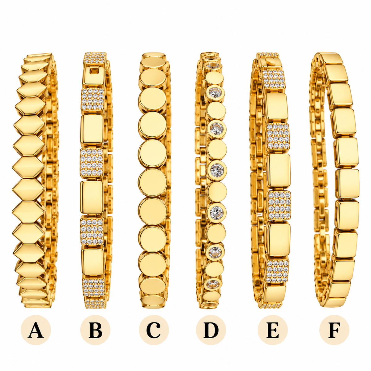 Luxury Gold-Tone Link Bracelet Collection – 6 Elegant Designs (A–F)