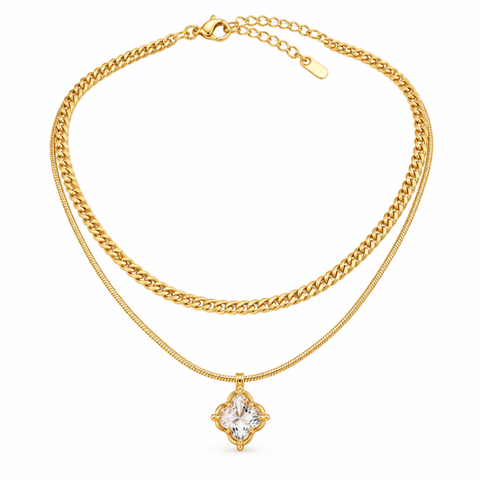 Elegant Gold-Tone Double-Layer Necklace with Crystal Clover Pendant