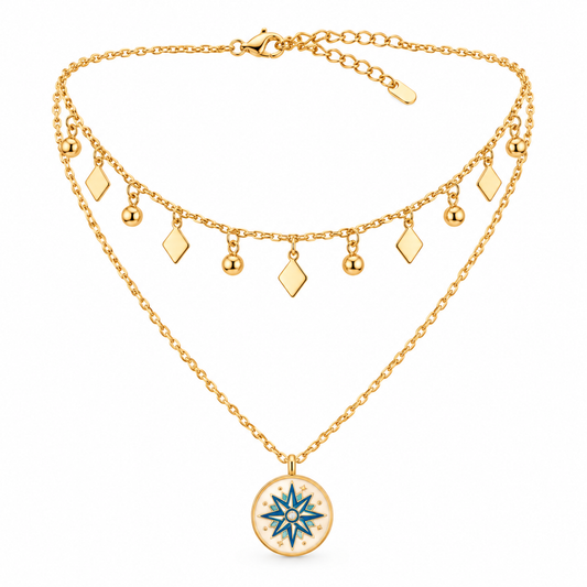Elegant Gold-Tone Layered Necklace with Compass Pendant