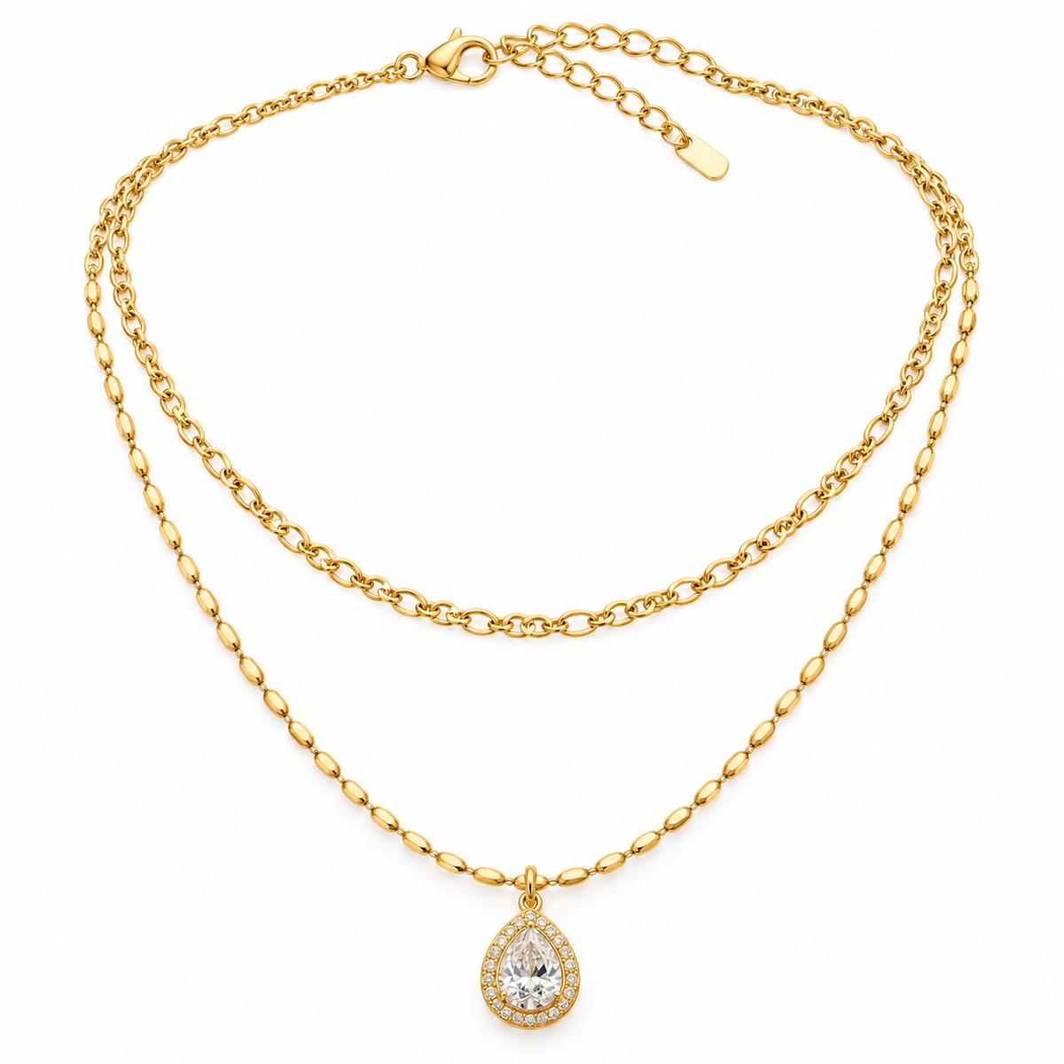 Elegant Gold-Tone Double-Layer Necklace with Teardrop Crystal Pendant