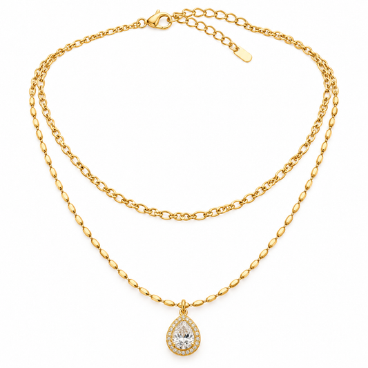 Elegant Gold-Tone Double-Layer Necklace with Teardrop Crystal Pendant