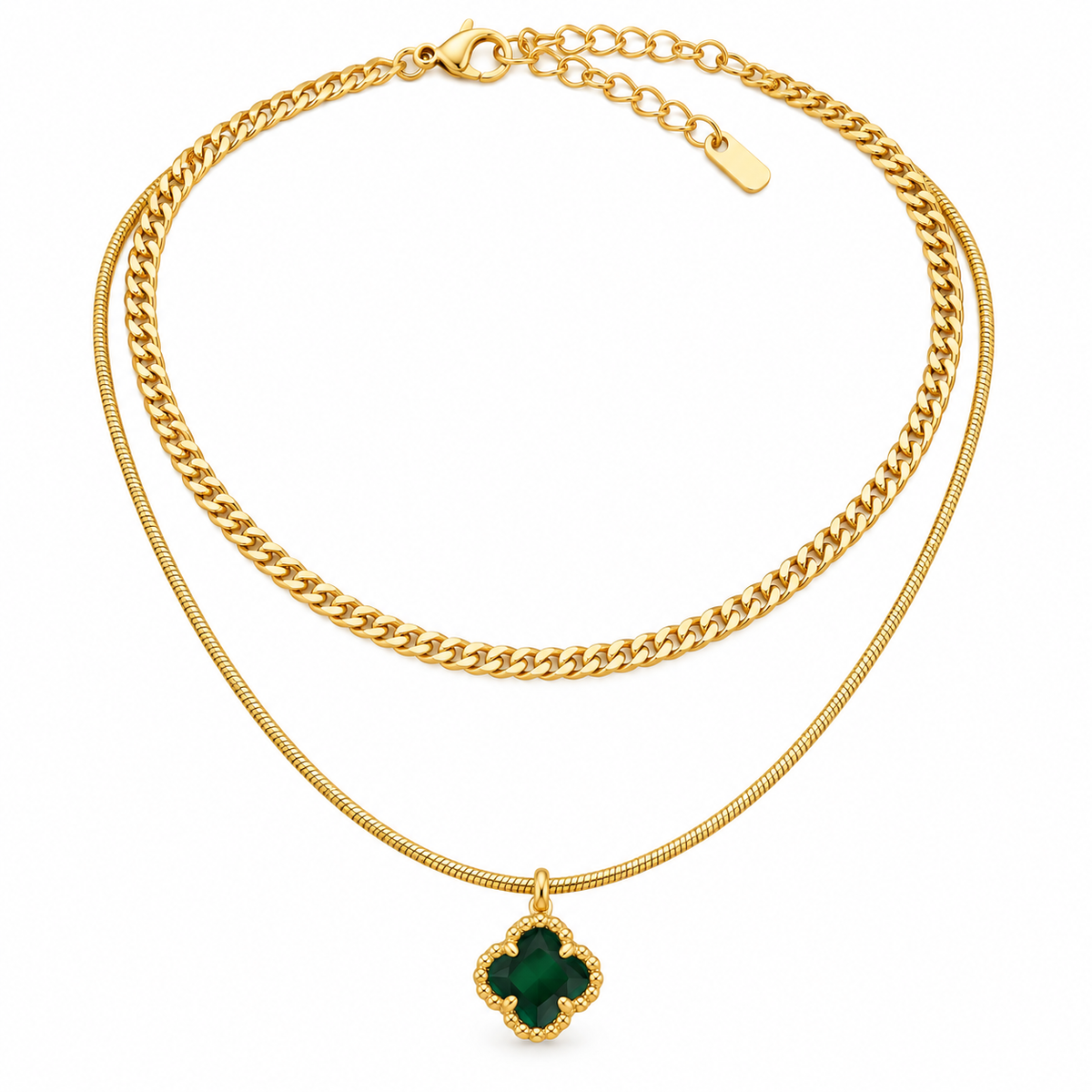 Elegant Gold-Tone Double-Layer Necklace with Green Crystal Pendant