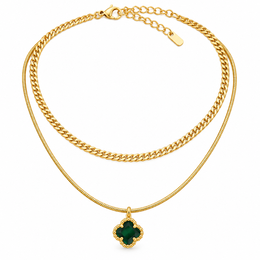 Elegant Gold-Tone Double-Layer Necklace with Green Crystal Pendant