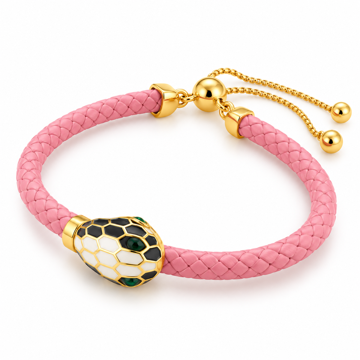 Elegant Pink Braided Bracelet with Gold-Tone Snake Clasp