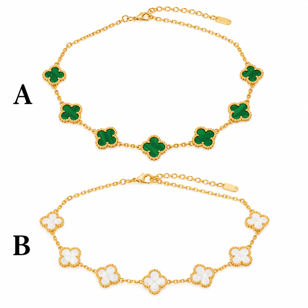 Gold-Tone Clover Necklace – Green & White Options (A & B)