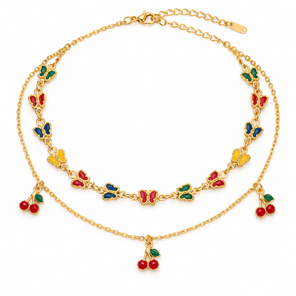 Gold-Tone Colorful Butterfly & Cherry Layered Necklace